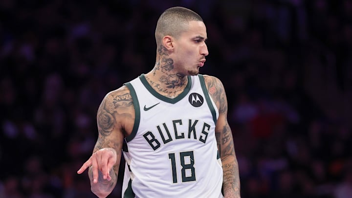 Milwaukee Bucks forward Kyle Kuzma (18) reacts after making a three-point basket against the New York Knicks during the second half at Madison Square Garden on November 28, 2025.