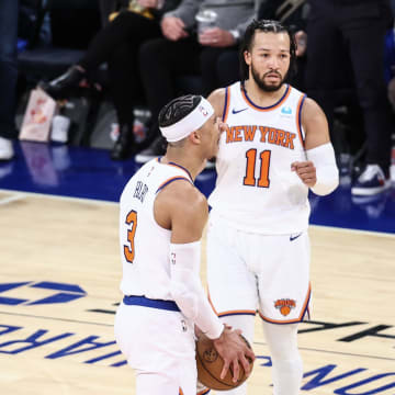 Apr 20, 2024; New York, New York, USA; New York Knicks guard Josh Hart (3) celebrates with guard Jalen Brunson (11) in the fourth quarter against the Philadelphia 76ers in game one of the first round for the 2024 NBA playoffs at Madison Square Garden. Mandatory Credit: Wendell Cruz-USA TODAY Sports