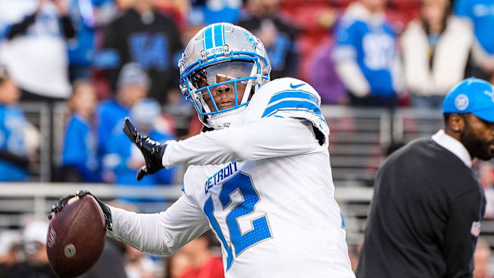 Detroit Lions quarterback Teddy Bridgewater (12) warms up before the game between San Francisco 49ers and Detroit Lions at Levi's Stadium in Santa Clara, Calif. on Monday, Dec. 30, 2024.