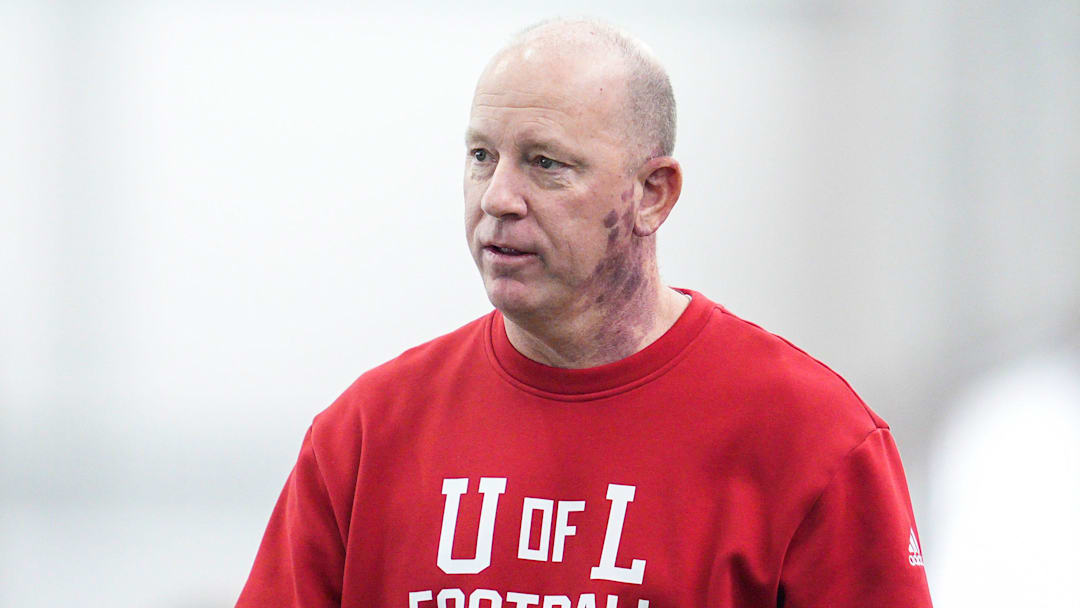 Louisville head football coach Jeff Brohm during Pro Day workout for NFL scouts Tuesday, March 25, 2025.