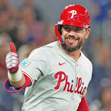 Sep 3, 2024; Toronto, Ontario, CAN; Philadelphia Phillies designated hitter Kyle Schwarber (12) gives the thumbs up sign after hitting a three-run home run against the Toronto Blue Jays during the ninth inning at Rogers Centre