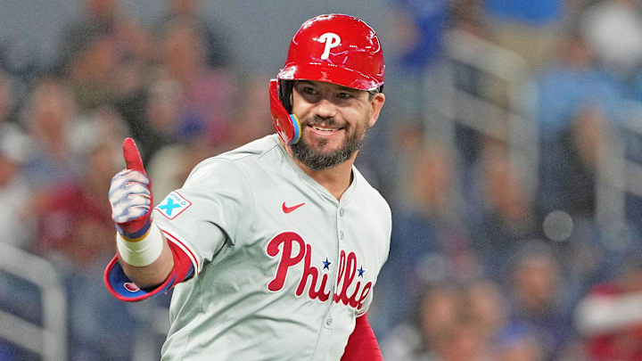 Sep 3, 2024; Toronto, Ontario, CAN; Philadelphia Phillies designated hitter Kyle Schwarber (12) gives the thumbs up sign after hitting a three-run home run against the Toronto Blue Jays during the ninth inning at Rogers Centre