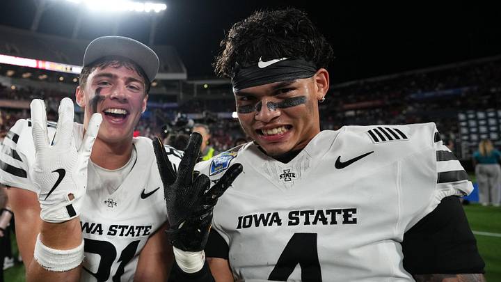 Iowa State Cyclones Iowa State Cyclones wide receiver Brett Eskildsen (81) and  defensive back Jeremiah Cooper (4) 