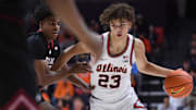 Nov 11, 2025; Champaign, Illinois, USA; Illinois Fighting Illini guard Keaton Wagler (23) drives to the basket during the first half against the Texas Tech Red Raiders at State Farm Center. Mandatory Credit: Ron Johnson-Imagn Images