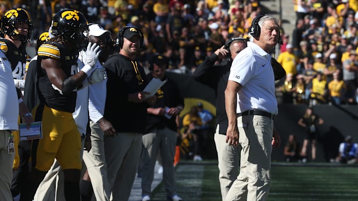 Iowa head coach Kirk Ferentz coaches against Iowa State during the CyHawk game Saturday, Sept. 7, 2024 at Kinnick Stadium in Iowa City, Iowa.