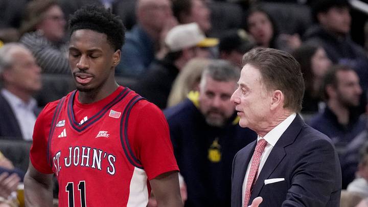 St. John’s head coach Rick Pitino talks to guard Ian Jackson (11) during the second half of their game Wednesday, February 18, 2026 at Fiserv Forum in Milwaukee, Wisconsin. St. John’s beat Marquette 76-70.