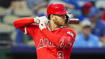 Sep 3, 2025; Kansas City, Missouri, USA; Los Angeles Angels designated hitter Taylor Ward (3) bats during the fourth inning against the Kansas City Royals at Kauffman Stadium.