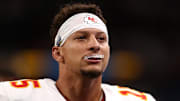 Kansas City Chiefs quarterback Patrick Mahomes before a NFL game against the Los Angeles Chargers at Corinthians Arena.