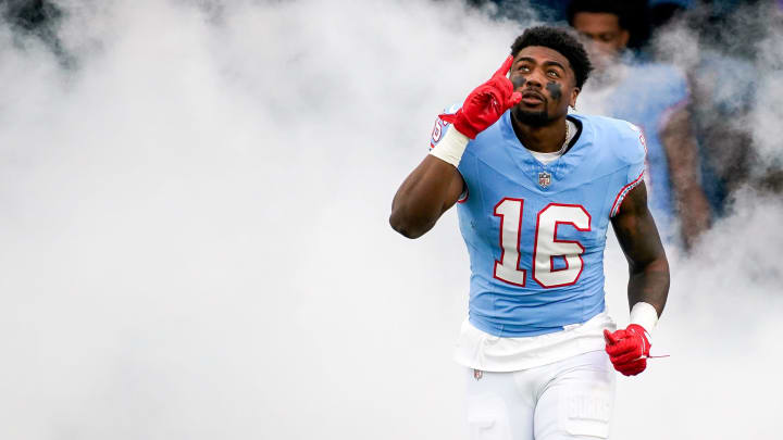 Tennessee Titans wide receiver Treylon Burks (16) is introduced before a game against the Atlanta Falcons at Nissan Stadium in Nashville, Tenn., Sunday, Oct. 29, 2023.