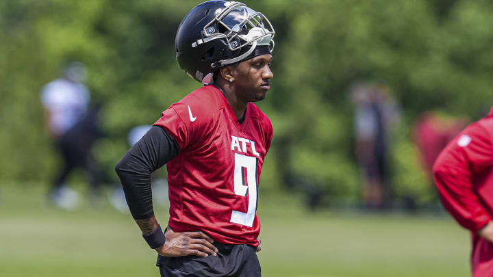 May 10, 2024; Flowery Branch, GA, USA; Atlanta Falcons quarterback Michael Penix Jr (9) shown on the field during a break during Rookie Minicamp at the Falcons Training Camp.   Mandatory Credit: Dale Zanine-USA TODAY Sports