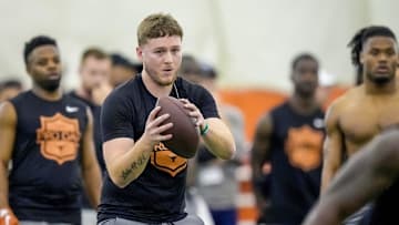Former Longhorns Quinn Ewers looks to throw the ball during the Texas' Pro Day at the Texas Football Training Facility on Tuesday, March 25, 2025.