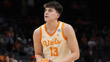 Mar 21, 2024; Charlotte, NC, USA; Tennessee Volunteers forward J.P. Estrella (13) shoots a free throw in the first round of the 2024 NCAA Tournament at Spectrum Center. Mandatory Credit: Jim Dedmon-Imagn Images