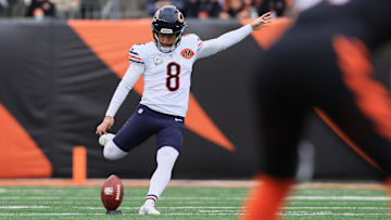 Nov 2, 2025; Cincinnati, Ohio, USA; Chicago Bears placekicker Cairo Santos (8) kicks the ball against the Cincinnati Bengals during the first quarter at Paycor Stadium.
