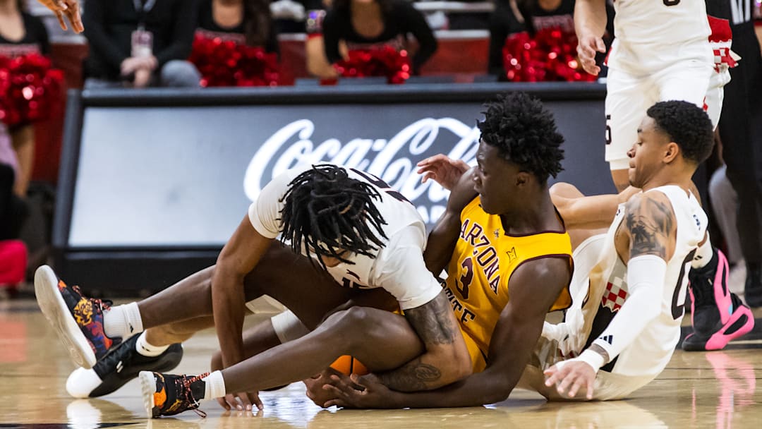 Arizona State's Joson Sanon battles for the ball during the Sun Devils' 111-106 double-overtime loss at Texas Tech on Wednesday, Feb. 12, 2025.
