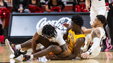 Arizona State's Joson Sanon battles for the ball during the Sun Devils' 111-106 double-overtime loss at Texas Tech on Wednesday, Feb. 12, 2025.