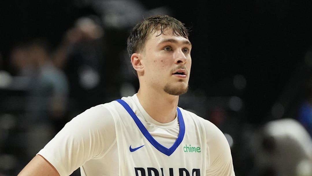 Jul 10, 2025; Las Vegas, NV, USA; Dallas Mavericks forward Cooper Flagg (32) looks on against the Los Angeles Lakers in the third quarter of their game at Thomas & Mack Center. Mandatory Credit: Candice Ward-Imagn Images