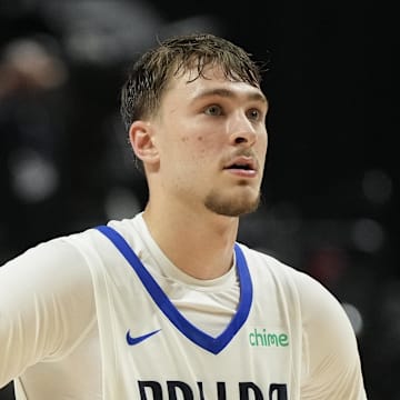 Jul 10, 2025; Las Vegas, NV, USA; Dallas Mavericks forward Cooper Flagg (32) looks on against the Los Angeles Lakers in the third quarter of their game at Thomas & Mack Center. Mandatory Credit: Candice Ward-Imagn Images