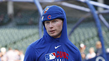 Jul 3, 2025; Chicago, Illinois, USA; Chicago Cubs center fielder Pete Crow-Armstrong (4) walks on the field before a baseball game against the Cleveland Guardians at Wrigley Field. Mandatory Credit: Kamil Krzaczynski-Imagn Images