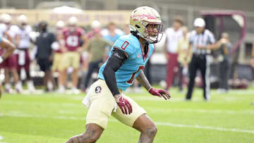 Apr 20, 2024; Tallahassee, Florida, USA; Florida State Seminoles defensive back Earl Little Jr (0) during the Spring Showcase at Doak S. Campbell Stadium. Mandatory Credit: Melina Myers-USA TODAY Sports