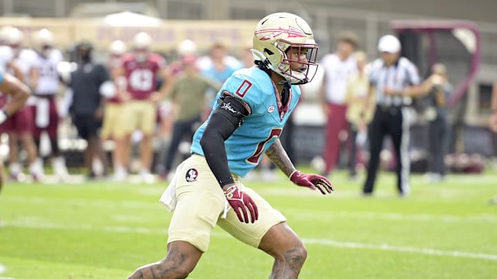 Apr 20, 2024; Tallahassee, Florida, USA; Florida State Seminoles defensive back Earl Little Jr (0) during the Spring Showcase at Doak S. Campbell Stadium. Mandatory Credit: Melina Myers-Imagn Images