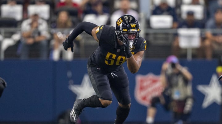 Oct 2, 2022; Arlington, Texas, USA; Washington Commanders defensive end Shaka Toney (58) in action during the game between the Dallas Cowboys and the Washington Commanders AT&T Stadium. 