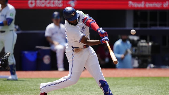 Toronto Blue Jays first baseman Vladimir Guerrero Jr. (27) hts a solo home run against the Texas Rangers  during the third inning at Rogers Centre on July 28.