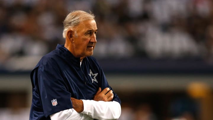 Sep 28, 2014; Arlington, TX, USA; Dallas Cowboys defensive coordinator Monte Kiffin watches drills before the game against the New Orleans Saints at AT&T Stadium. Dallas beat New Orleans 38-17. Mandatory Credit: Tim Heitman-USA TODAY Sports