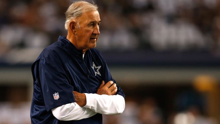 Sep 28, 2014; Defensive coordinator Monte Kiffin, then with the Dallas Cowboys, watches drills before a game against the New Orleans Saints