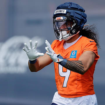 Jul 24, 2025; Englewood, CO, USA; Denver Broncos safety Talanoa Hufanga (9) during Denver Broncos Training Camp. 