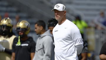 Oct 18, 2025; Orlando, Florida, USA;  Central Florida Knights head coach Scott Frost prior to a game against the West Virginia Mountaineers at Acrisure Bounce House. Mandatory Credit: Russell Lansford-Imagn Images