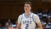 Jan 7, 2025; Durham, North Carolina, USA; Duke Blue Devils forward Cooper Flagg (2) carries the ball up the floor during the second half against the Pitt Panthers at Cameron Indoor Stadium. Mandatory Credit: Rob Kinnan-Imagn Images