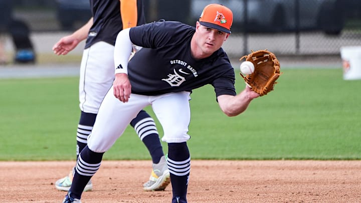 Detroit Tigers infielder Kevin McGonigle practices during spring training at TigerTown in Lakeland, Fla. on Monday, Feb. 16, 2026.