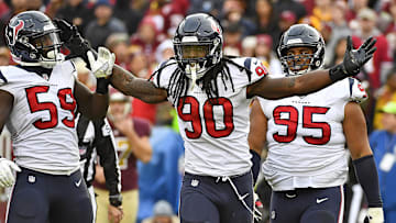 Nov 18, 2018; Landover, MD, USA; Houston Texans outside linebacker Jadeveon Clowney (90) celebrates after recording a sack against the Washington Redskins during the second half at FedEx Field.