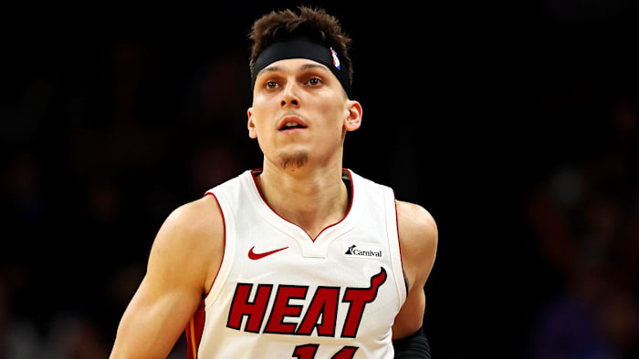 Jan 5, 2024; Phoenix, Arizona, USA; Miami Heat guard Tyler Herro (14) reacts after a play during the
