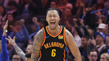 Mar 9, 2025; Oklahoma City, Oklahoma, USA; Oklahoma City Thunder forward Jaylin Williams (6) celebrates after scoring against the Denver Nuggets during the second quarter at Paycom Center. Mandatory Credit: Alonzo Adams-Imagn Images