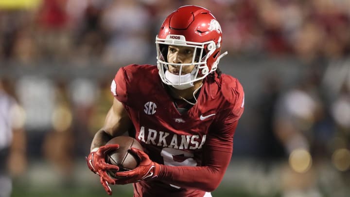 Arkansas Razorbacks wide receiver Isaiah Satenga (6) runs after a catch int he second quarter against the Pine Bluff Golden Lions at War Memorial Stadium.