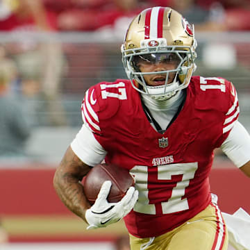 Aug 9, 2025; Santa Clara, California, USA;  San Francisco 49ers wide receiver Jordan Watkins (17) makes a catch against the Denver Broncos in the third quarter at Levi's Stadium. Mandatory Credit: David Gonzales-Imagn Images