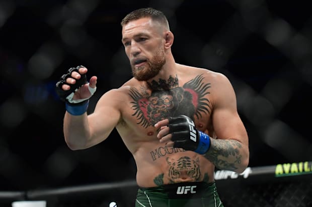 Conor McGregor fights Dustin Poirier during UFC 264 at T-Mobile Arena. 