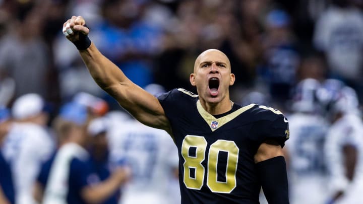 Sep 10, 2023; New Orleans, Louisiana, USA; New Orleans Saints tight end Jimmy Graham (80) during the Who Dat chant during the first half against the Tennessee Titans at the Caesars Superdome. Mandatory Credit: Stephen Lew-USA TODAY Sports