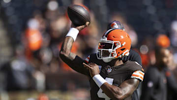 Oct 20, 2024; Cleveland, Ohio, USA; Cleveland Browns quarterback Deshaun Watson (4) throws the ball during warmup before the game against the Cincinnati Bengals at Huntington Bank Field. Mandatory Credit: Scott Galvin-Imagn Images