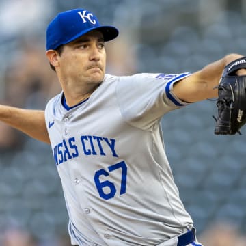 May 29, 2024; Minneapolis, Minnesota, USA; Kansas City Royals starting pitcher Seth Lugo (67) delivers a pitch against the Minnesota Twins in the first inning at Target Field. Mandatory Credit: Jesse Johnson-USA TODAY Sports