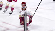 Boston College men's hockey forward Landan Resendes celebrates his goal against Maine at Conte Forum on Nov. 21, 2025. 