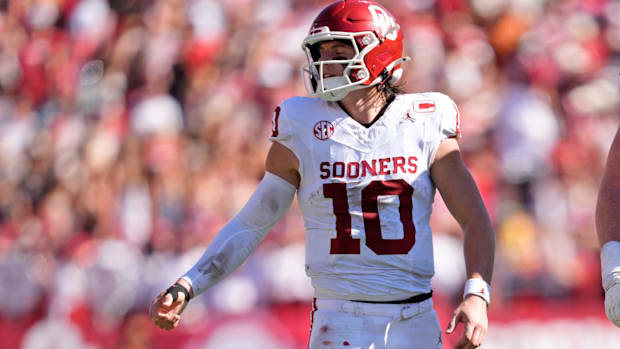 Oklahoma Sooners quarterback John Mateer in white jersey 
