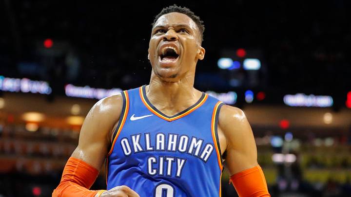 Mar 13, 2019; Oklahoma City, OK, USA; Oklahoma City Thunder guard Russell Westbrook (0) Mandatory Credit: Alonzo Adams-USA TODAY Sports