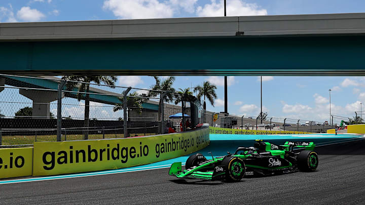 May 3, 2024; Miami Gardens, Florida, USA; Kick Sauber driver Zhou Gunayu (24) during practice for the Miami Grand Prix at Miami International Autodrome. Mandatory Credit: Peter Casey-Imagn Images