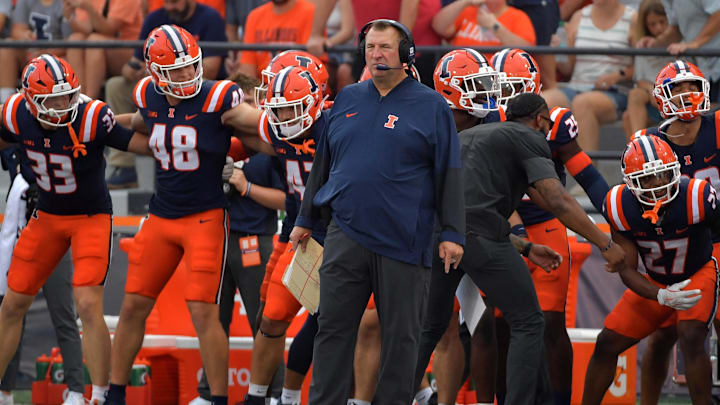 Sep 13, 2025; Champaign, Illinois, USA;  Illinois Fighting Illini head coach Bret Bielema on the sidelines during the first half against the Western Michigan Broncos at Memorial Stadium. Mandatory Credit: Ron Johnson-Imagn Images