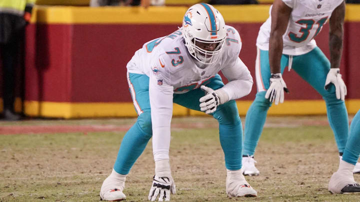 Miami Dolphins guard Austin Jackson (73) at the line of scrimmage against the Kansas City Chiefs in a 2024 AFC wild card game at GEHA Field at Arrowhead Stadium.