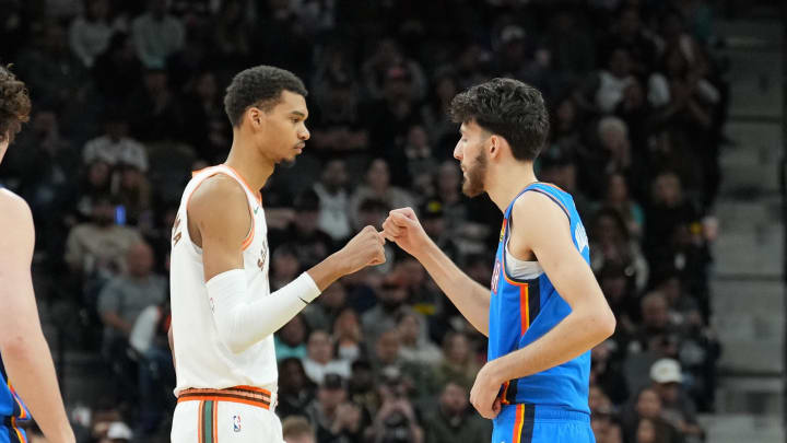 Jan 24, 2024; San Antonio, Texas, USA;  San Antonio Spurs center Victor Wembanyama (1) and Oklahoma City Thunder forward Chet Holmgren (7) greet each other before the game at Frost Bank Center. Mandatory Credit: Daniel Dunn-USA TODAY Sports