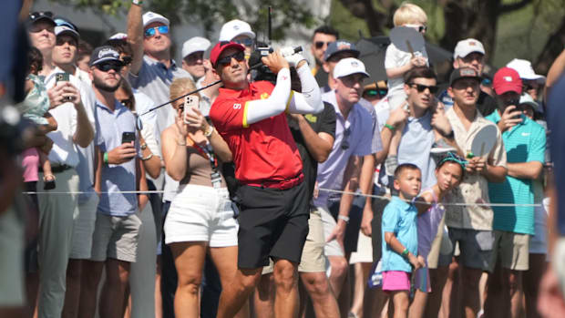 Sergio Garcia plays a shot on the 15th hole during the LIV Golf Team Championship.