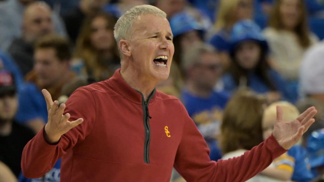 USC Trojans coach Andy Enfield yells from the bench in the second half against the UCLA Bruins at Pauley Pavilion presented by Wescom.